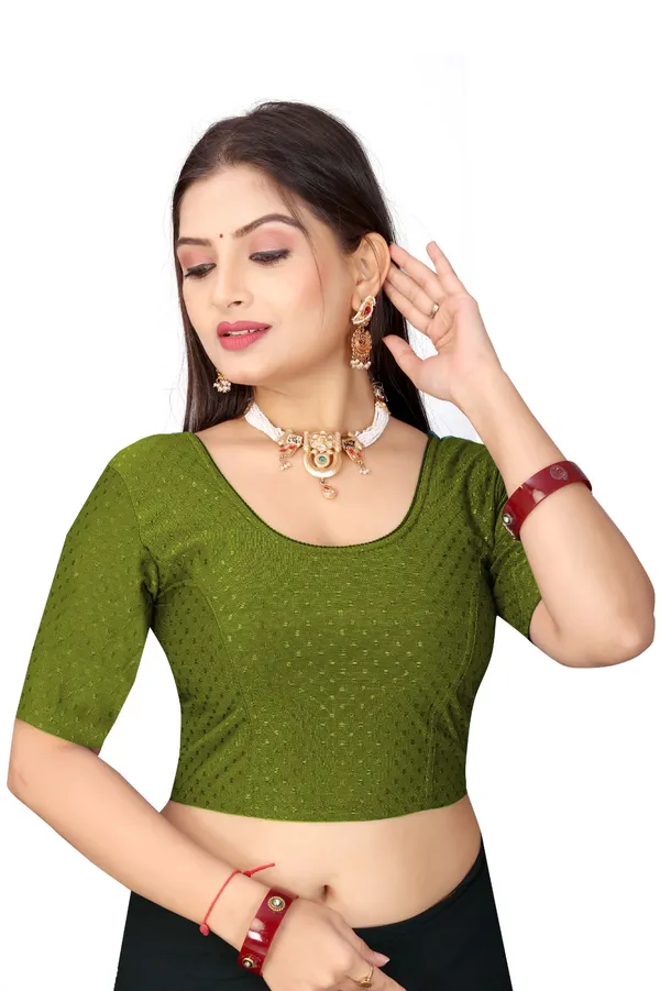Olive_Green_Cotton_Blend_Fitted_Short_Sleeve_Saree_Blouse_For_Women