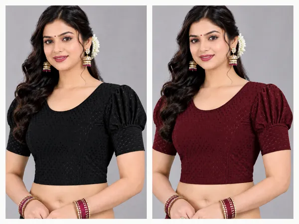 Black_And_Maroon_Cotton-Polyester_Puff_Sleeve_Blouse_For_Women_Pack_Of_2