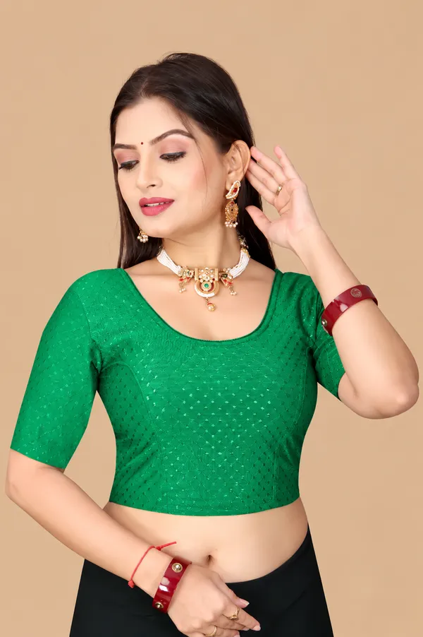 Green_Cotton_Blend_Fitted_Textured_Short_Sleeve_Blouse_For_Women