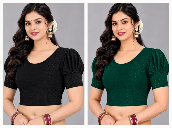 Black_And_Green_Cotton-Polyester_Puff_Sleeve_Blouse_For_Women_Pack_Of_2