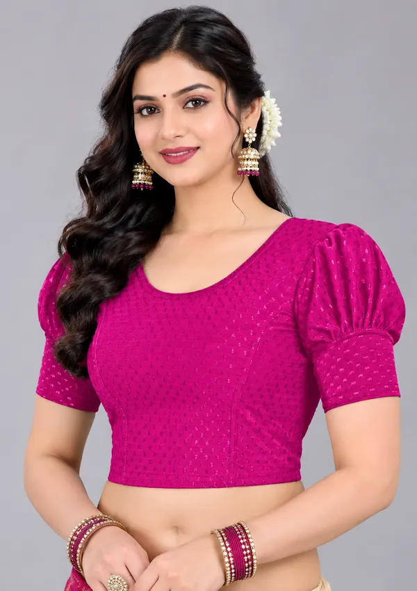 Magenta_Cotton-Polyester_Puff_Sleeve_Cropped_Blouse_For_Women
