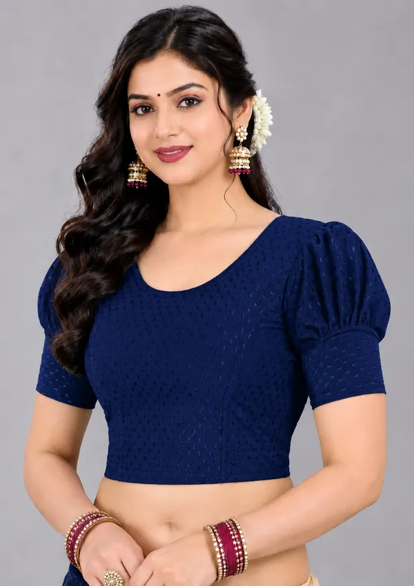 Navy_Blue_Cotton-Polyester_Puff_Sleeve_Cropped_Blouse_For_Women