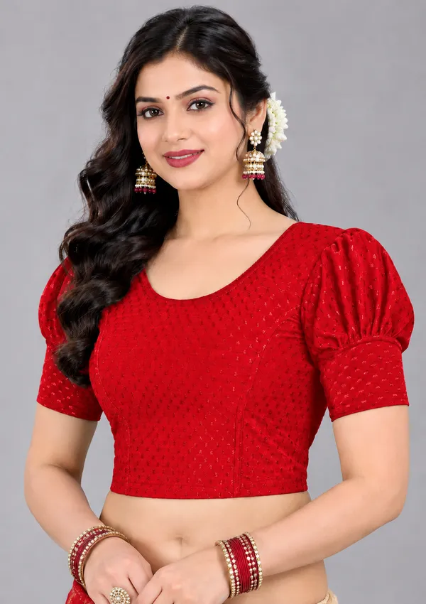 Red_Cotton-Polyester_Puff_Sleeve_Cropped_Blouse_For_Women