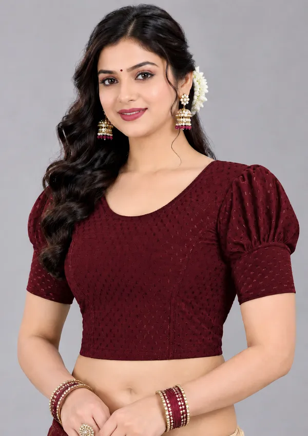 Maroon_Cotton_Blend_Puff_Sleeve_Textured_Saree_Blouse_For_Women
