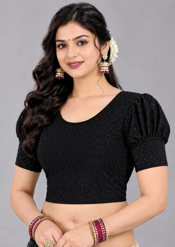Black_Cotton-Polyester_Puff_Sleeve_Cropped_Blouse_For_Women
