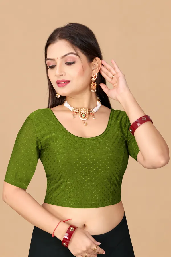Olive_Green_Cotton_Blend_Fitted_Short_Sleeve_Saree_Blouse_For_Women