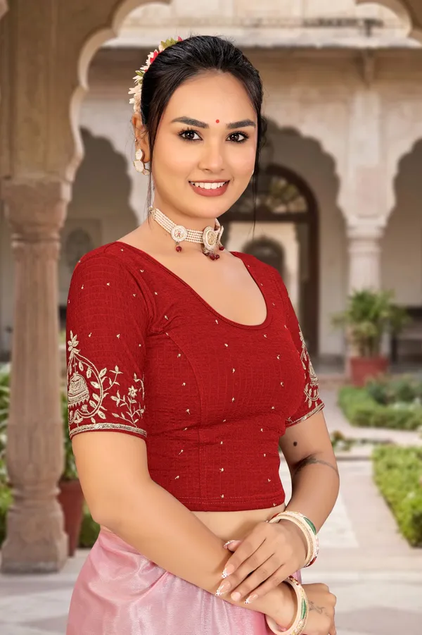 Red_Cotton_Blend_Fitted_Embroidered_Saree_Blouse_For_Women
