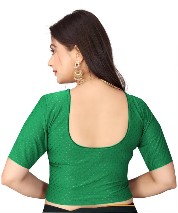 Green_Cotton_Blend_Fitted_Textured_Short_Sleeve_Blouse_For_Women
