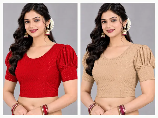 Red_And_Beige_Cotton-Polyester_Puff_Sleeve_Blouse_For_Women_Pack_Of_2
