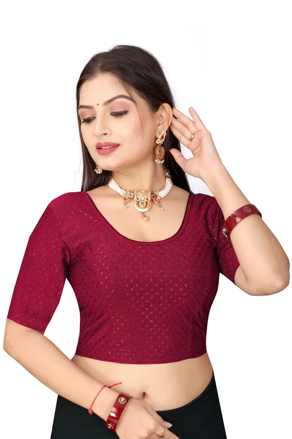 Maroon_Cotton_Blend_Fitted_Textured_Saree_Blouse_For_Women