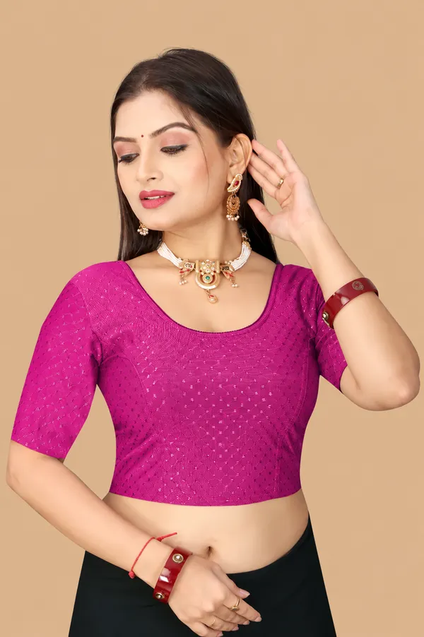 Magenta_Cotton_Blend_Fitted_Textured_Short_Sleeve_Blouse_For_Women