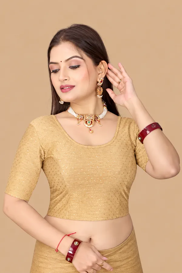 Beige_Cotton_Blend_Fitted_Textured_Short_Sleeve_Saree_Blouse_For_Women