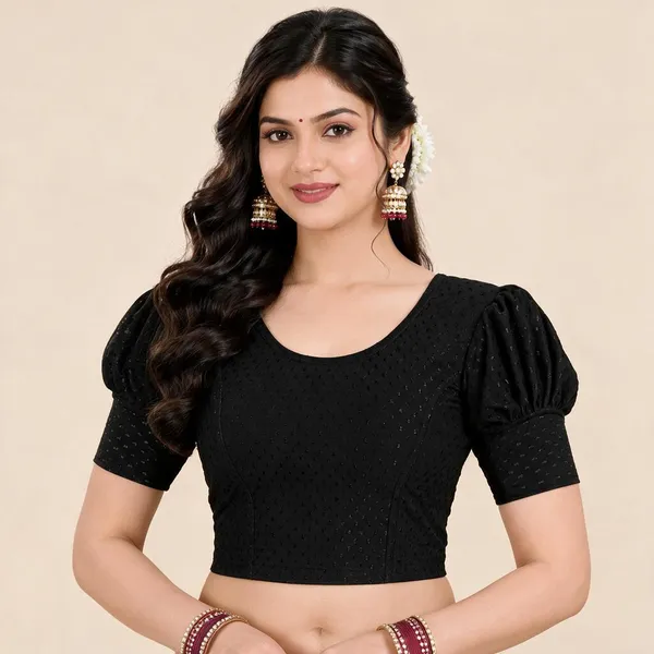 Black_Cotton-Polyester_Puff_Sleeve_Cropped_Blouse_For_Women