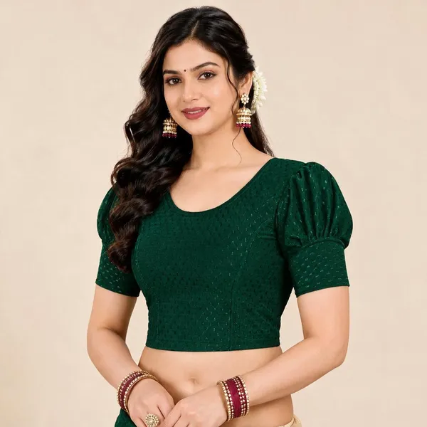 Green_Cotton-Polyester_Puff_Sleeve_Cropped_Blouse_For_Women