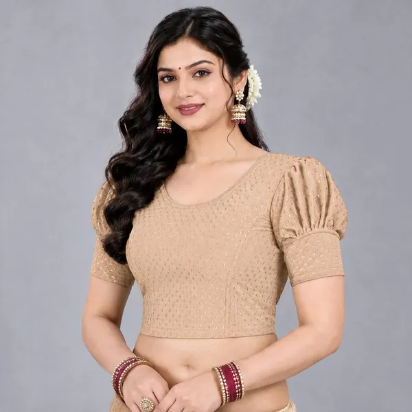 Beige_Cotton-Polyester_Puff_Sleeve_Cropped_Blouse_For_Women