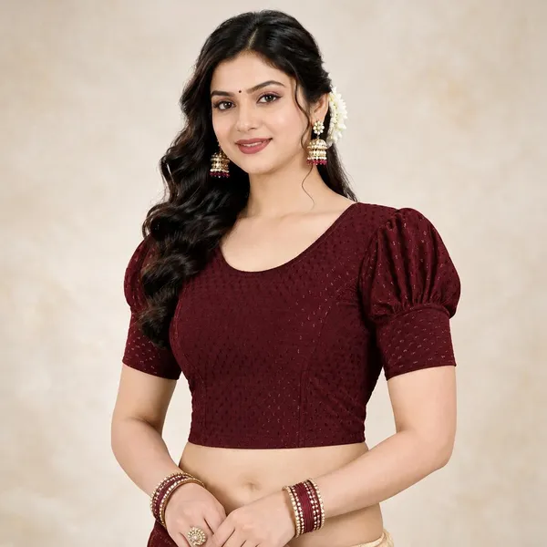 Maroon_Cotton_Blend_Puff_Sleeve_Textured_Saree_Blouse_For_Women