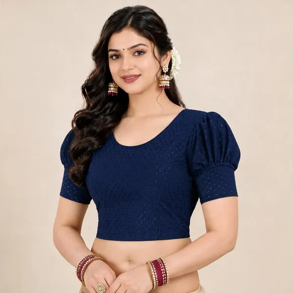 Navy_Blue_Cotton-Polyester_Puff_Sleeve_Cropped_Blouse_For_Women