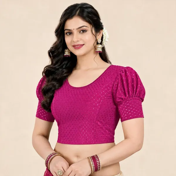 Magenta_Cotton-Polyester_Puff_Sleeve_Cropped_Blouse_For_Women