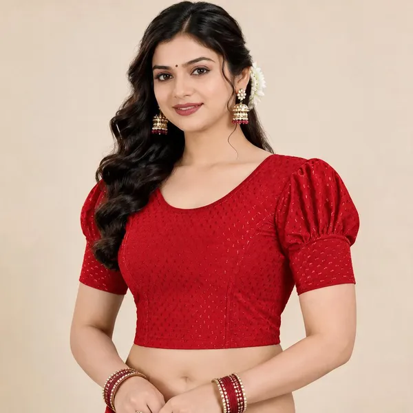 Red_Cotton-Polyester_Puff_Sleeve_Cropped_Blouse_For_Women