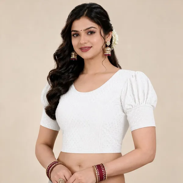 White_Cotton-Polyester_Puff_Sleeve_Cropped_Blouse_For_Women
