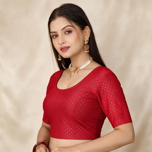Red_Cotton_Blend_Fitted_Textured_Saree_Blouse_For_Women