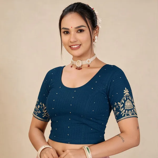 Blue_Cotton_Blend_Fitted_Embroidered_Saree_Blouse_For_Women