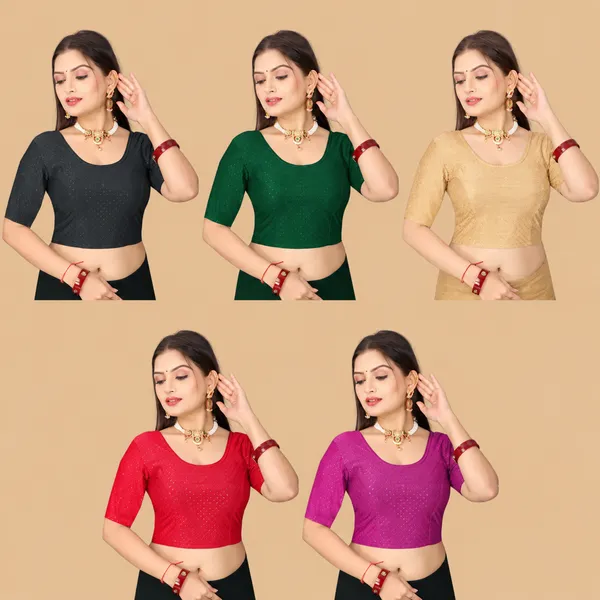 Pack_Of_5_Multicolor_Cotton-Polyester_Three-Quarter_Sleeve_Blouse_For_Women