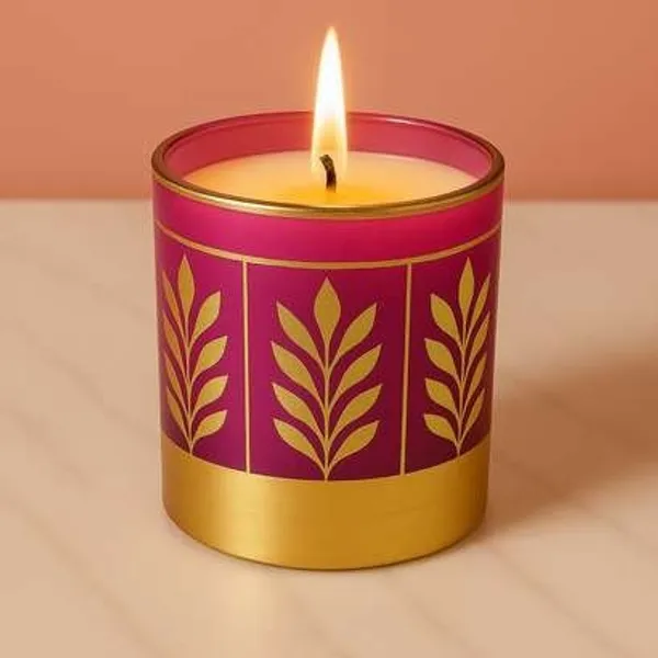 Wax_Decorative_Gold_Leaf_Motif_Magenta_Cylindrical_Candle