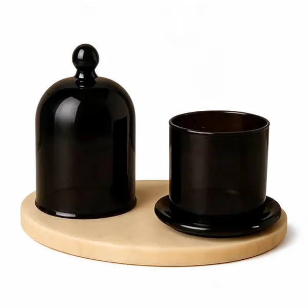 Wax_Decorative_Monochrome_Black_Cylindrical_Candle_With_Oval_Tray