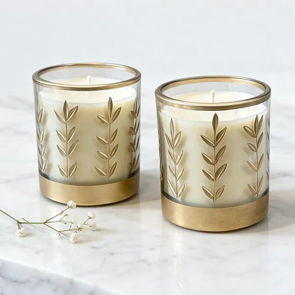 Glass_Decorative_Leaf_Motif_Gold_Rim_Cylindrical_Candle_Set_Of_2
