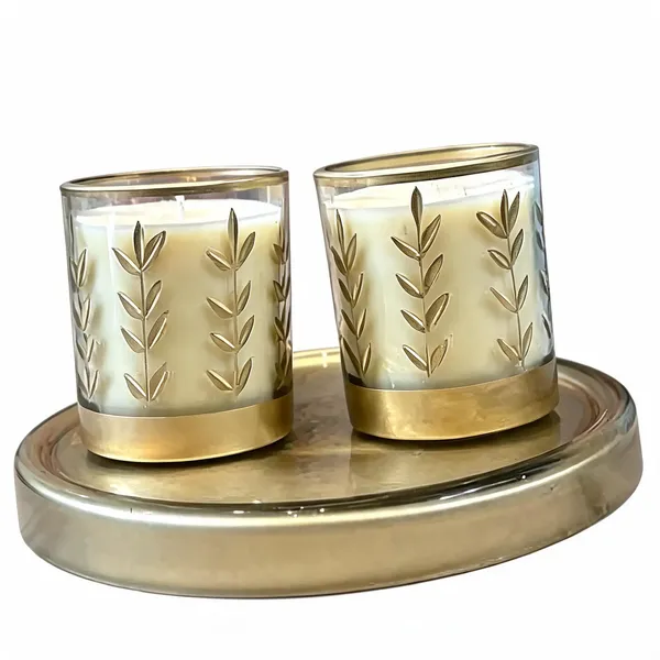 Glass_Decorative_Leaf_Motif_Gold_Rim_Cylindrical_Candle_Set_Of_2