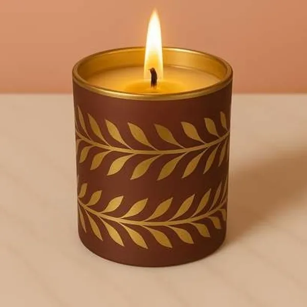 Wax_Decorative_Golden_Leaf_Cylindrical_Brown_Candle