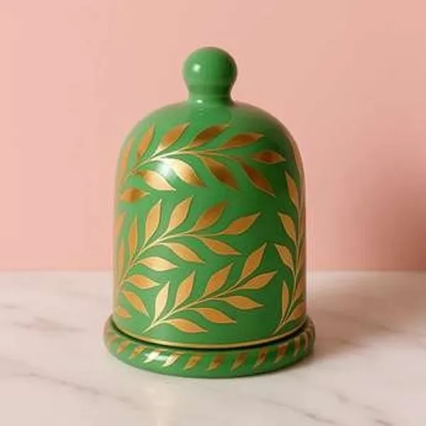Wax_Decorative_Golden_Botanical_Leaf_Green_Ceramic_Dome_Candle