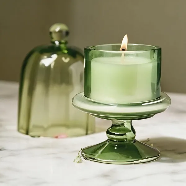 Wax_Decorative_Green_Glass_Pedestal_Cylindrical_Candle