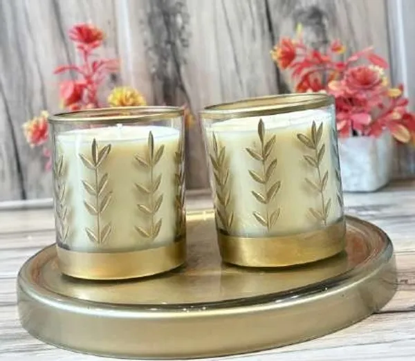 Glass_Decorative_Leaf_Motif_Gold_Rim_Cylindrical_Candle_Set_Of_2