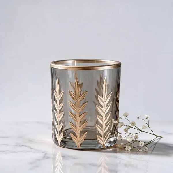 Wax_Decorative_Leaf_Motif_Gold_Silver_Transparent_Cylindrical_Candle