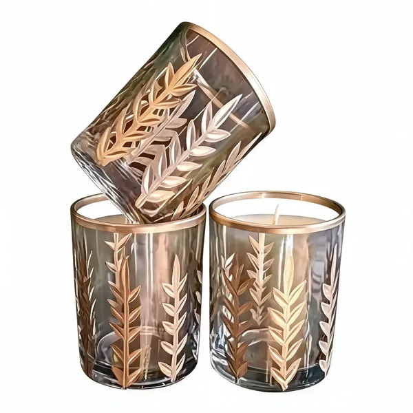 Wax_Decorative_Leaf_Motif_Gold_Silver_Transparent_Cylindrical_Candle