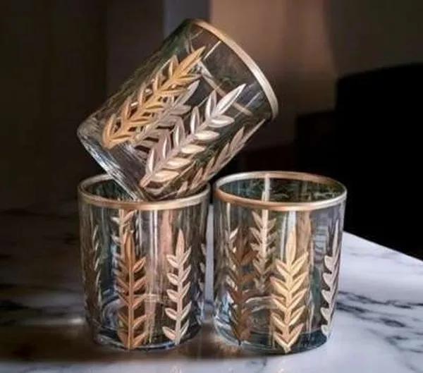 Wax_Decorative_Leaf_Motif_Gold_Silver_Transparent_Cylindrical_Candle