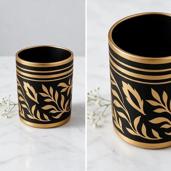 Wax_Decorative_Floral_Leaf_Motif_Black_Gold_Cylindrical_Candle
