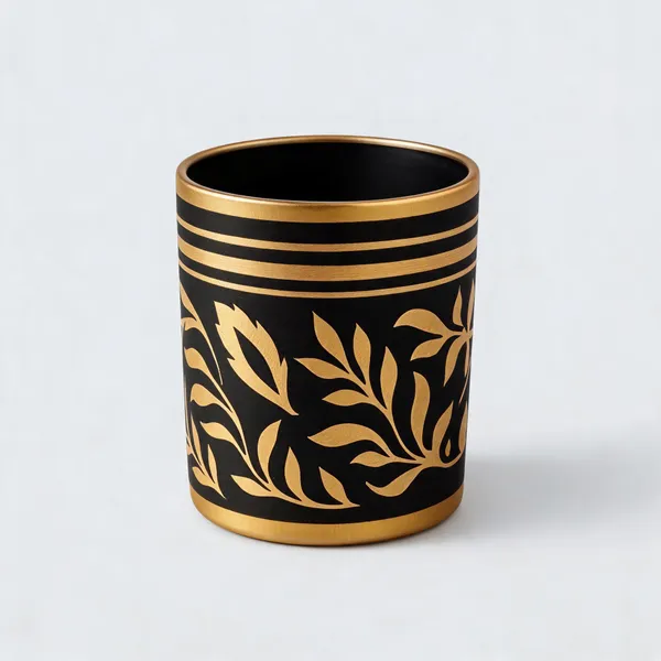 Wax_Decorative_Floral_Leaf_Motif_Black_Gold_Cylindrical_Candle