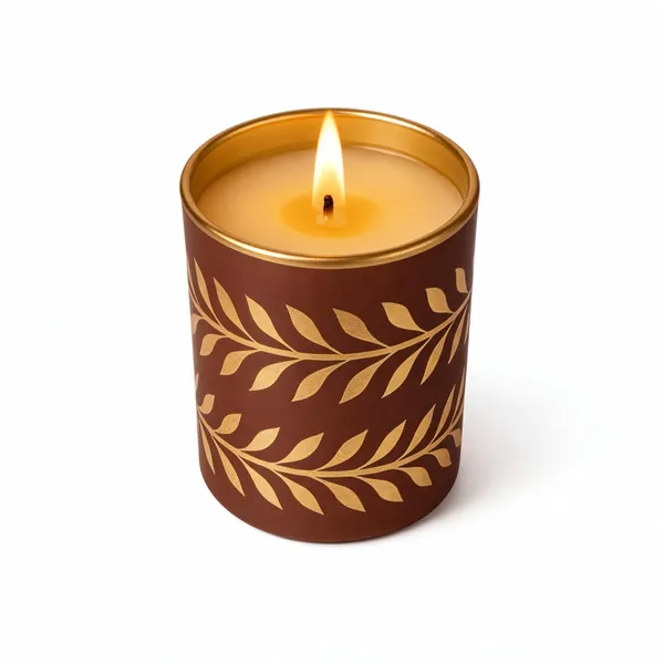 Wax_Decorative_Golden_Leaf_Cylindrical_Brown_Candle