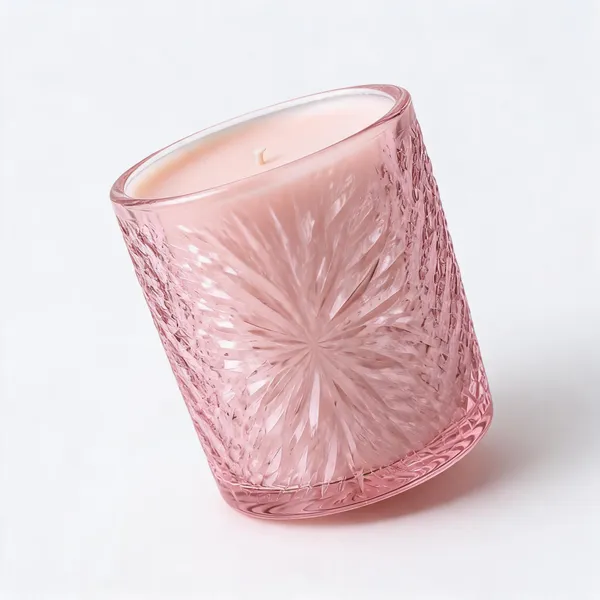 Glass_Decorative_Faceted_Floral_Pink_Cylindrical_Candle