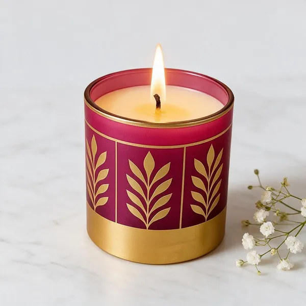 Wax_Decorative_Gold_Leaf_Motif_Magenta_Cylindrical_Candle