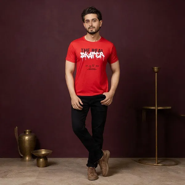 XENIOS_Printed_Men_Round_Neck_Red_T-Shirt
