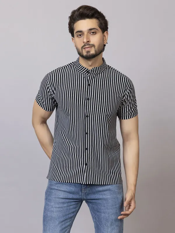 XENIOS_Men_Striped_Formal_Black_Shirt