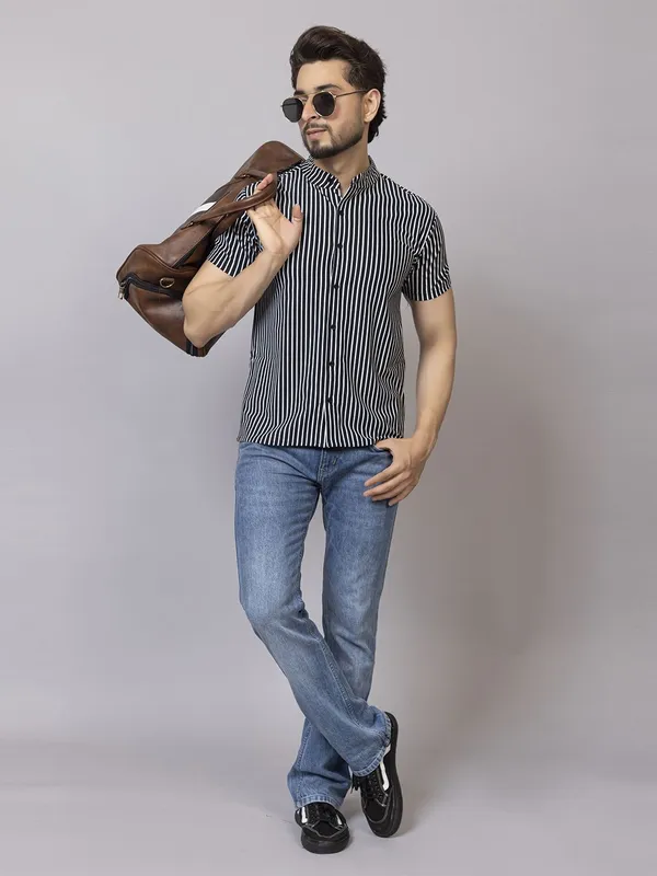 XENIOS_Men_Striped_Formal_Black_Shirt