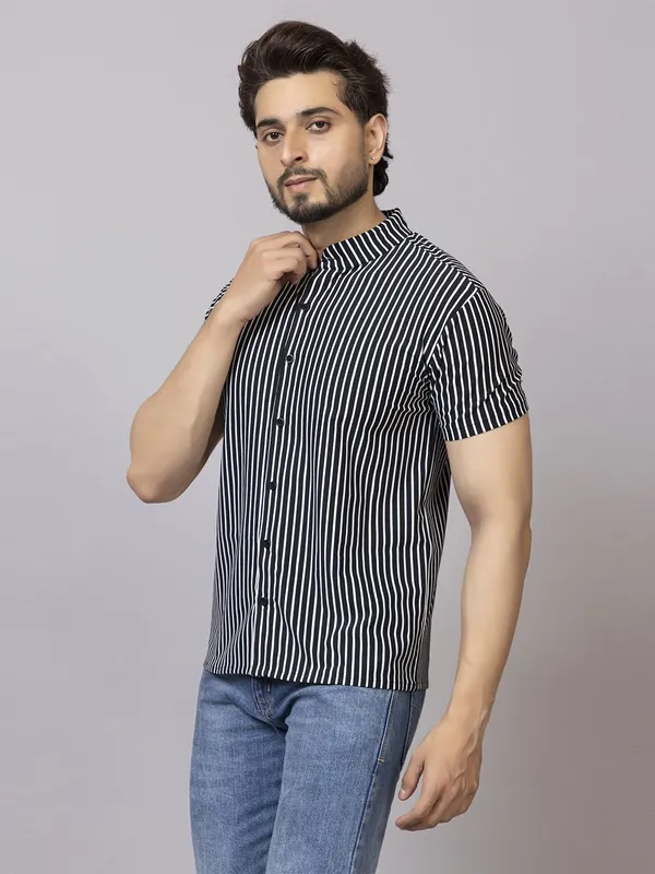 XENIOS_Men_Striped_Formal_Black_Shirt