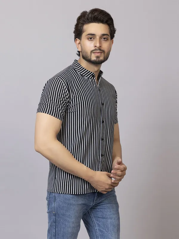 XENIOS_Men_Striped_Formal_Black_Shirt