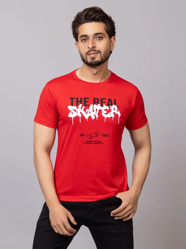XENIOS_Printed_Men_Round_Neck_Red_T-Shirt
