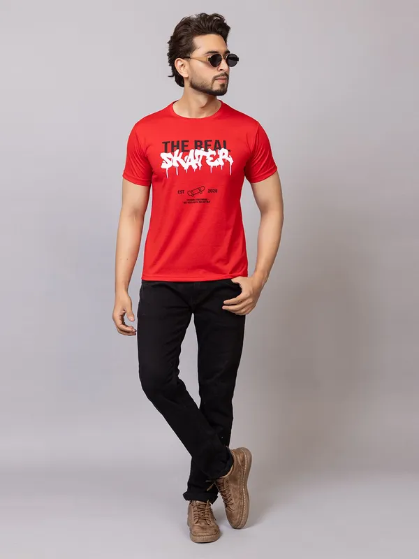 XENIOS_Printed_Men_Round_Neck_Red_T-Shirt